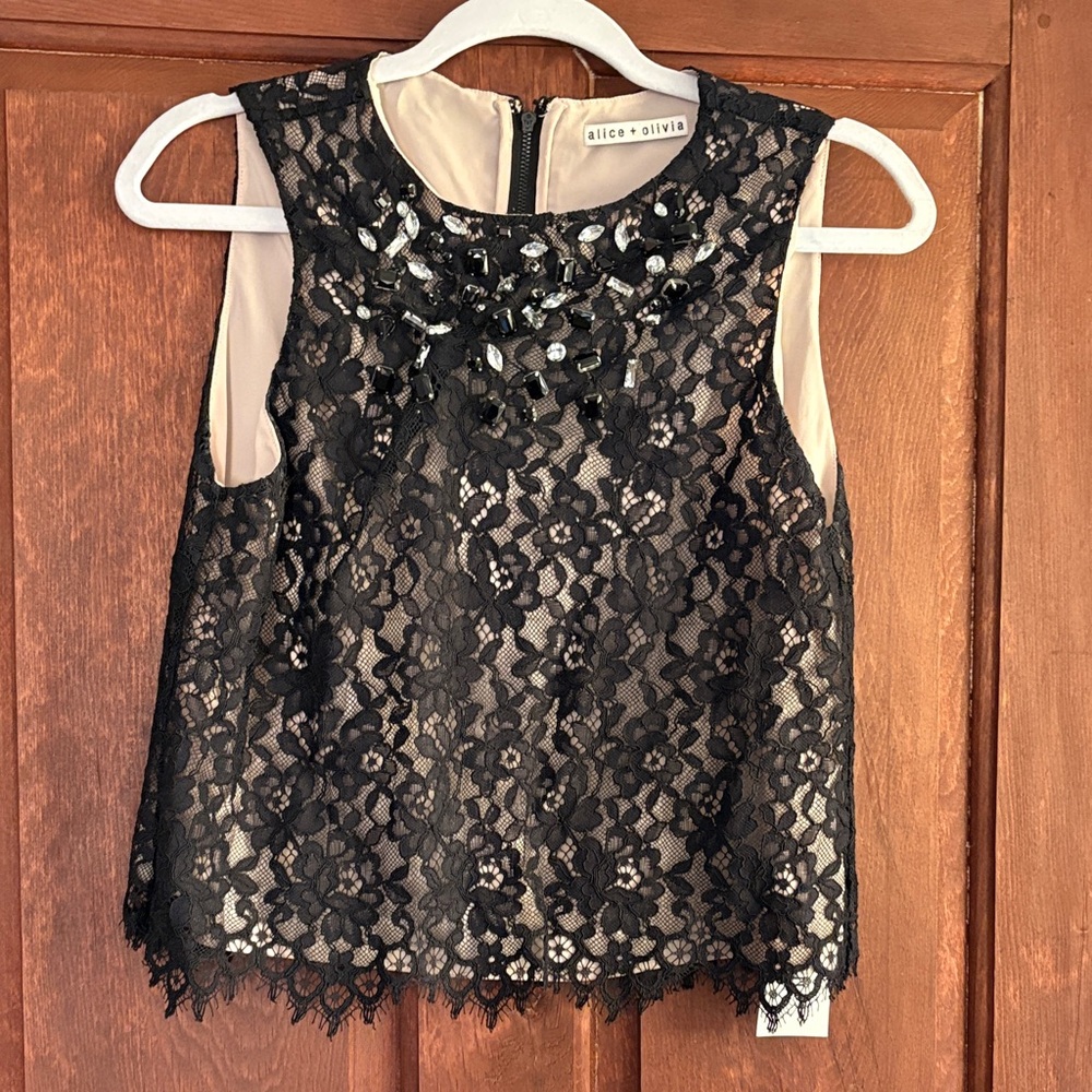 Alice + Olivia Black Lace Beaded Sleeveless Top